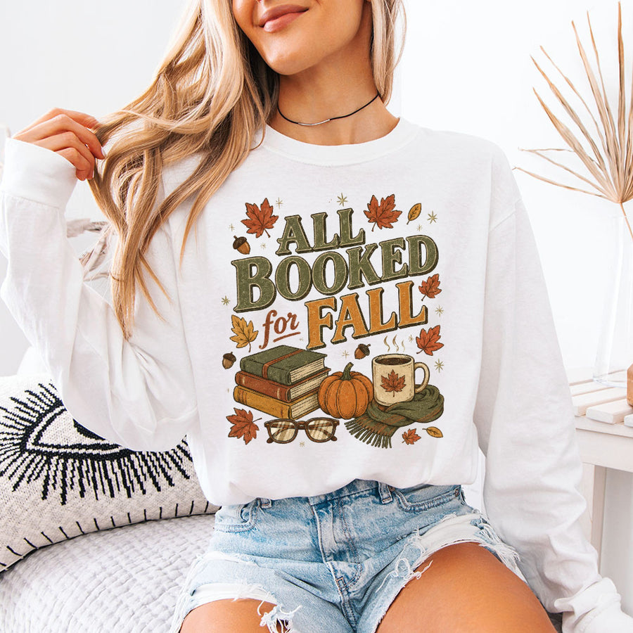 May include All Booked for Fall Comfort Colors long sleeve with book lover graphic, relaxed unisex fit, and garment-dyed cotton