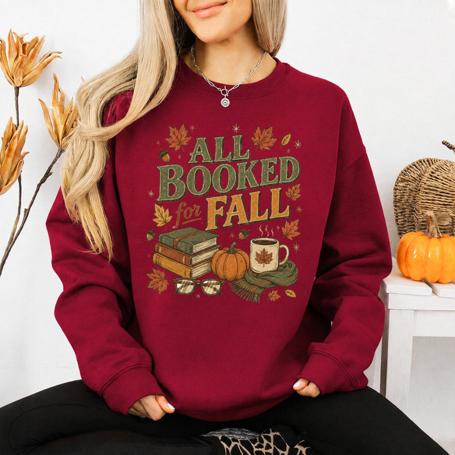 May include All Booked for Fall sweatshirt with book lover graphic, classic unisex crewneck, long sleeves, and soft fleece fabric