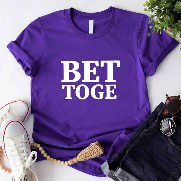 May include a “Better Together” couples T-shirt design with bold, friendly lettering arranged in a balanced layout, often paired with a small heart or link-style graphic that reflects unity and closeness.