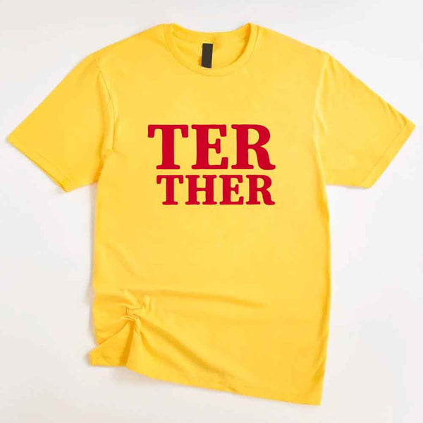 May include a “Better Together” couples T-shirt design with bold, friendly lettering arranged in a balanced layout, often paired with a small heart or link-style graphic that reflects unity and closeness.