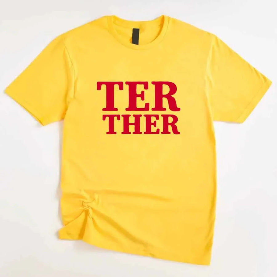 May include a “Better Together” couples T-shirt design with bold, friendly lettering arranged in a balanced layout, often paired with a small heart or link-style graphic that reflects unity and closeness.