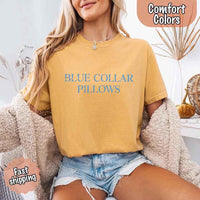May include light blue distressed text that reads “Blue Collar Pillows,” using a simple serif font to evoke hardworking pride with a touch of rugged charm.