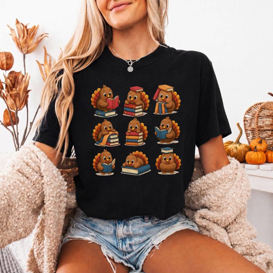 May include Bookish Turkey Reader Comfort Colors T-shirt with turkey and book graphic, relaxed unisex fit, and garment-dyed cotton