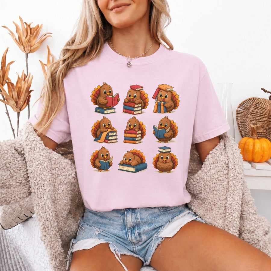 May include Bookish Turkey Reader Comfort Colors T-shirt with turkey and book graphic, relaxed unisex fit, and garment-dyed cotton