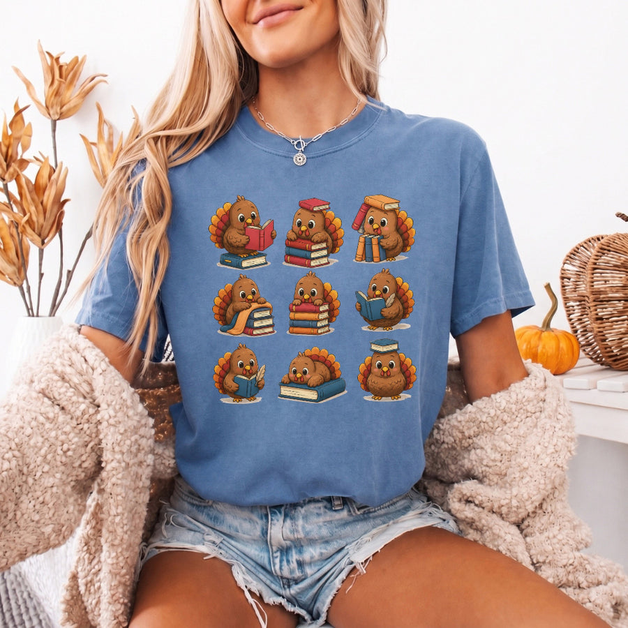 May include Bookish Turkey Reader Comfort Colors T-shirt with turkey and book graphic, relaxed unisex fit, and garment-dyed cotton