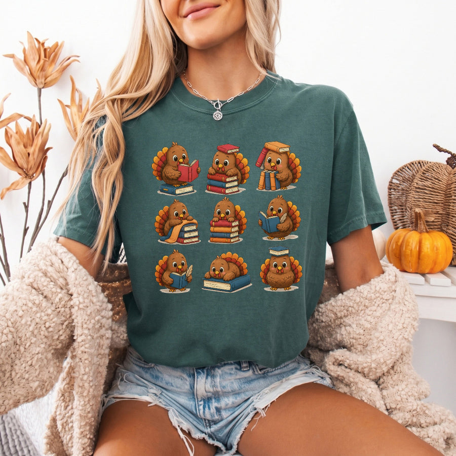 May include Bookish Turkey Reader Comfort Colors T-shirt with turkey and book graphic, relaxed unisex fit, and garment-dyed cotton