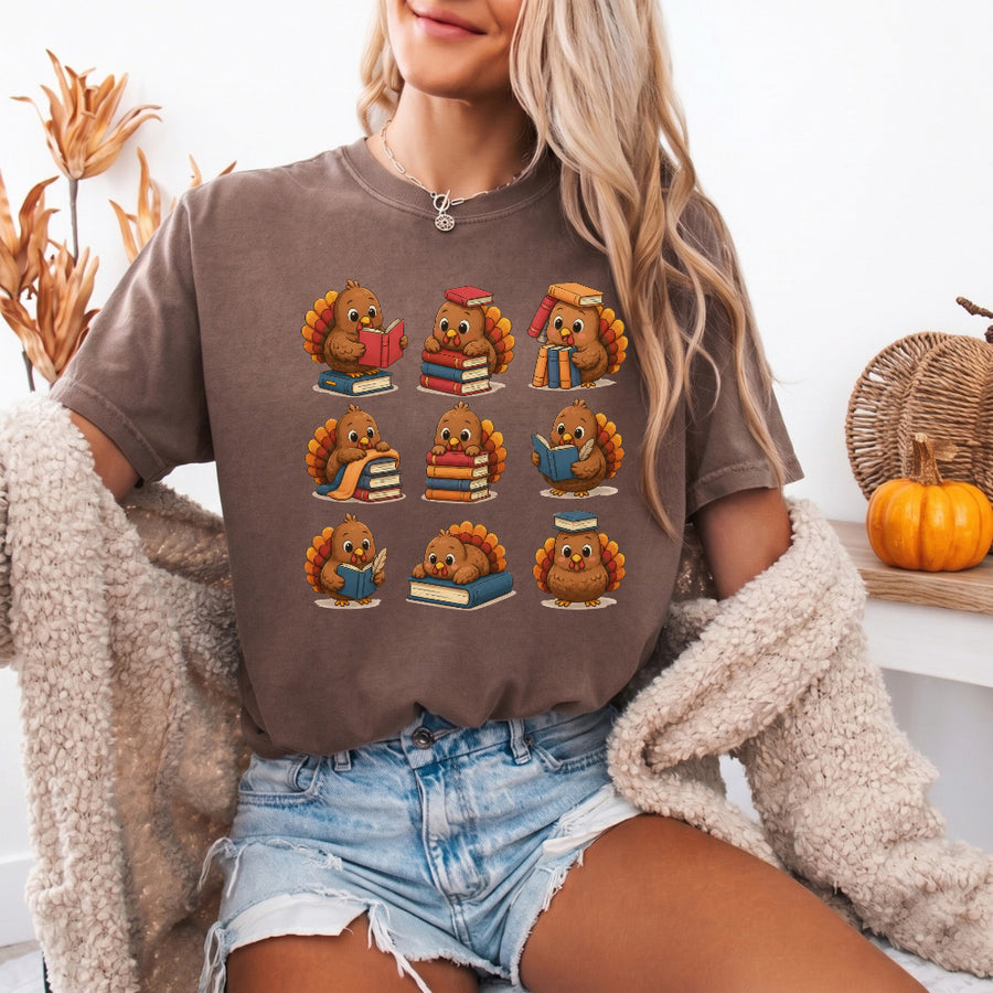 May include Bookish Turkey Reader Comfort Colors T-shirt with turkey and book graphic, relaxed unisex fit, and garment-dyed cotton