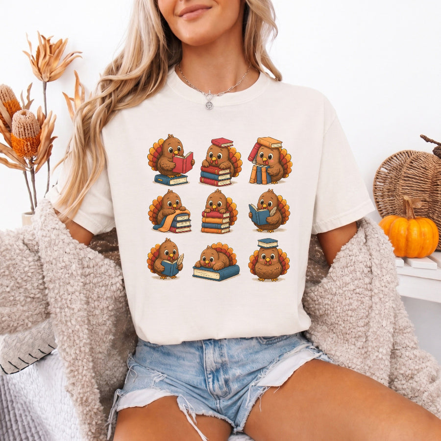 May include Bookish Turkey Reader Comfort Colors T-shirt with turkey and book graphic, relaxed unisex fit, and garment-dyed cotton