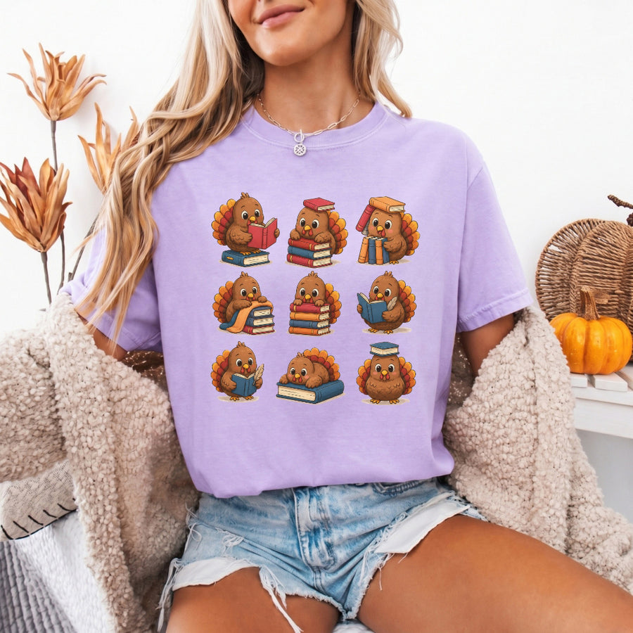 May include Bookish Turkey Reader Comfort Colors T-shirt with turkey and book graphic, relaxed unisex fit, and garment-dyed cotton
