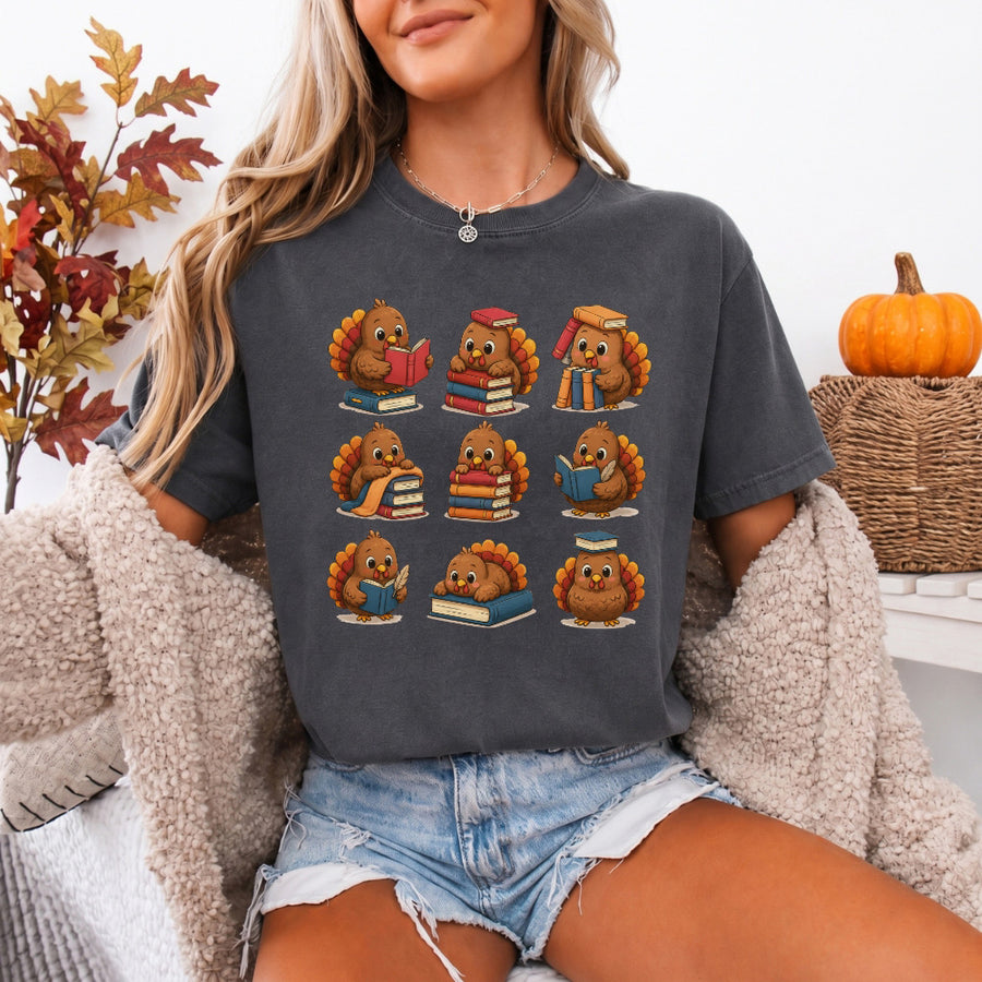 May include Bookish Turkey Reader Comfort Colors T-shirt with turkey and book graphic, relaxed unisex fit, and garment-dyed cotton