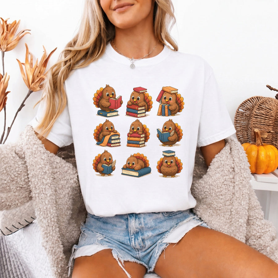May include Bookish Turkey Reader Comfort Colors T-shirt with turkey and book graphic, relaxed unisex fit, and garment-dyed cotton