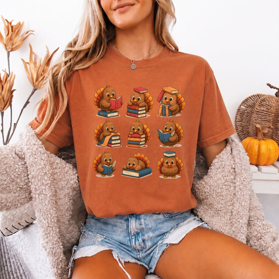 May include Bookish Turkey Reader Comfort Colors T-shirt with turkey and book graphic, relaxed unisex fit, and garment-dyed cotton