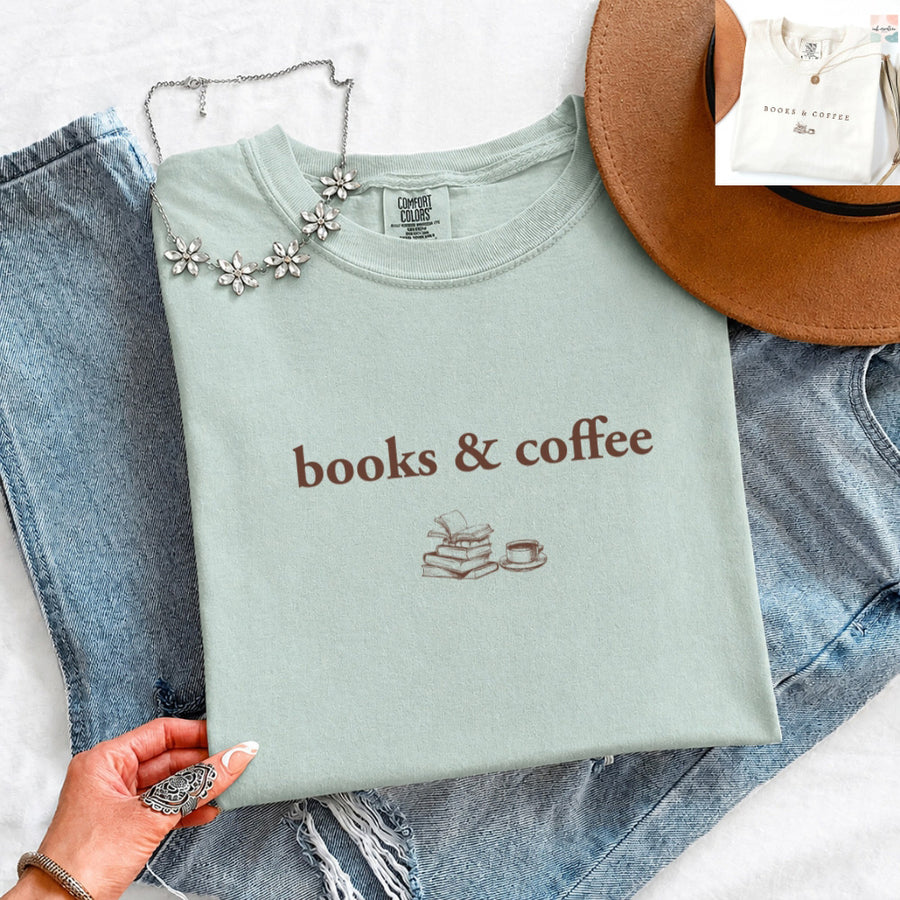 May include Books & Coffee Comfort Colors t-shirt with reading-inspired graphic, relaxed unisex fit, and garment-dyed cotton