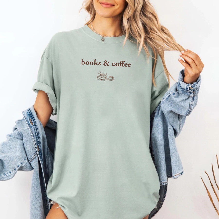 May include Books & Coffee Comfort Colors t-shirt with reading-inspired graphic, relaxed unisex fit, and garment-dyed cotton