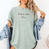 May include Books & Coffee Comfort Colors t-shirt with reading-inspired graphic, relaxed unisex fit, and garment-dyed cotton