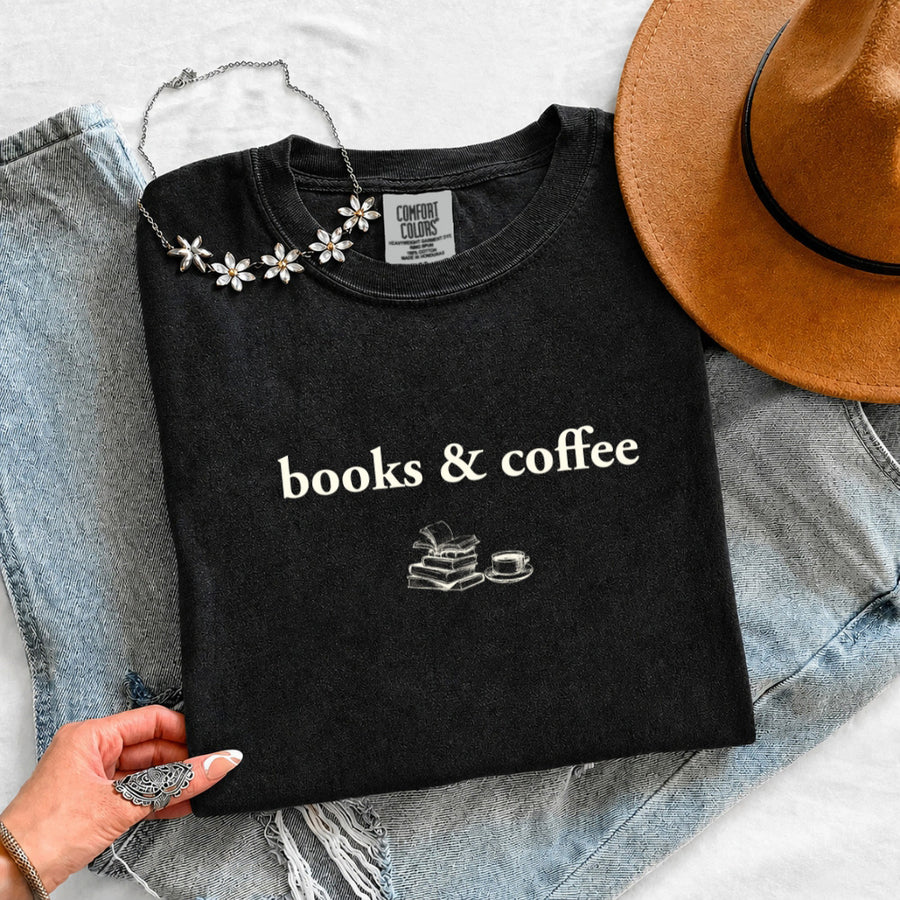 May include Books & Coffee Comfort Colors t-shirt with reading-inspired graphic, relaxed unisex fit, and garment-dyed cotton