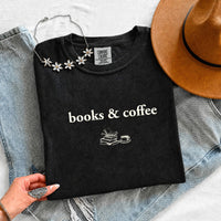 May include Books & Coffee Comfort Colors t-shirt with reading-inspired graphic, relaxed unisex fit, and garment-dyed cotton