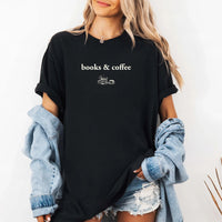 May include Books & Coffee Comfort Colors t-shirt with reading-inspired graphic, relaxed unisex fit, and garment-dyed cotton