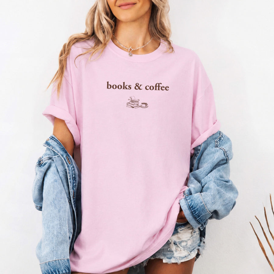 May include Books & Coffee Comfort Colors t-shirt with reading-inspired graphic, relaxed unisex fit, and garment-dyed cotton