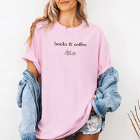 May include Books & Coffee Comfort Colors t-shirt with reading-inspired graphic, relaxed unisex fit, and garment-dyed cotton