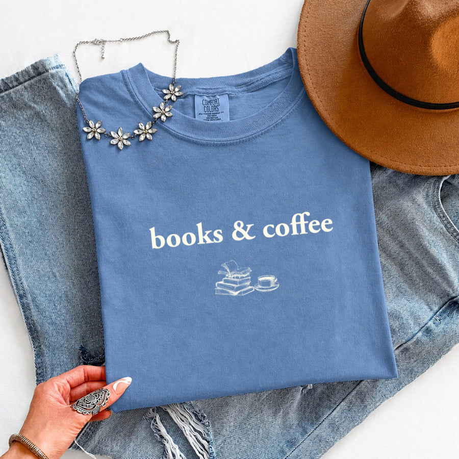 May include Books & Coffee Comfort Colors t-shirt with reading-inspired graphic, relaxed unisex fit, and garment-dyed cotton