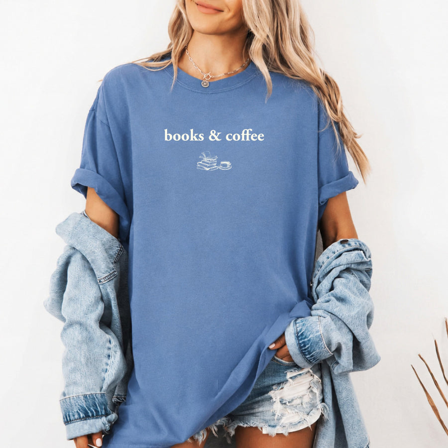 May include Books & Coffee Comfort Colors t-shirt with reading-inspired graphic, relaxed unisex fit, and garment-dyed cotton