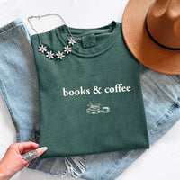 May include Books & Coffee Comfort Colors t-shirt with reading-inspired graphic, relaxed unisex fit, and garment-dyed cotton