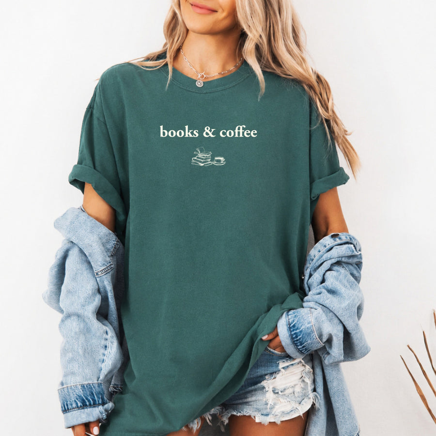 May include Books & Coffee Comfort Colors t-shirt with reading-inspired graphic, relaxed unisex fit, and garment-dyed cotton