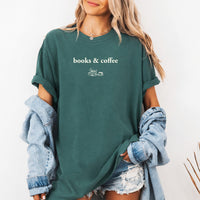 May include Books & Coffee Comfort Colors t-shirt with reading-inspired graphic, relaxed unisex fit, and garment-dyed cotton