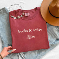 May include Books & Coffee Comfort Colors t-shirt with reading-inspired graphic, relaxed unisex fit, and garment-dyed cotton