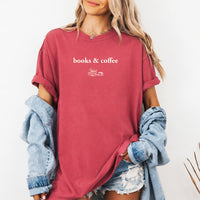 May include Books & Coffee Comfort Colors t-shirt with reading-inspired graphic, relaxed unisex fit, and garment-dyed cotton