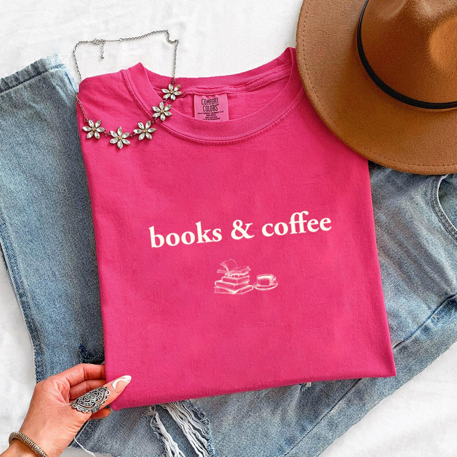 May include Books & Coffee Comfort Colors t-shirt with reading-inspired graphic, relaxed unisex fit, and garment-dyed cotton