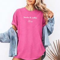 May include Books & Coffee Comfort Colors t-shirt with reading-inspired graphic, relaxed unisex fit, and garment-dyed cotton