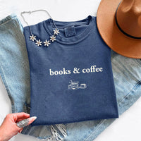 May include Books & Coffee Comfort Colors t-shirt with reading-inspired graphic, relaxed unisex fit, and garment-dyed cotton
