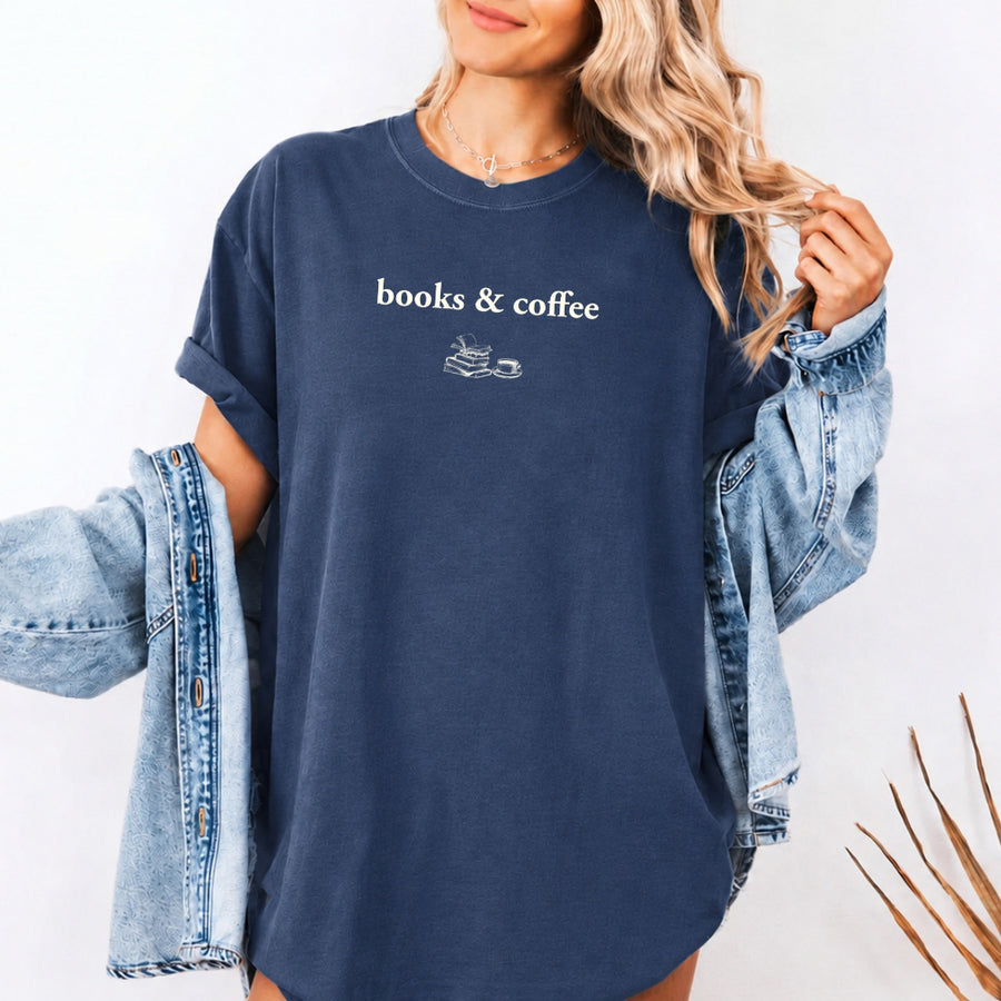 May include Books & Coffee Comfort Colors t-shirt with reading-inspired graphic, relaxed unisex fit, and garment-dyed cotton