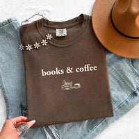 May include Books & Coffee Comfort Colors t-shirt with reading-inspired graphic, relaxed unisex fit, and garment-dyed cotton