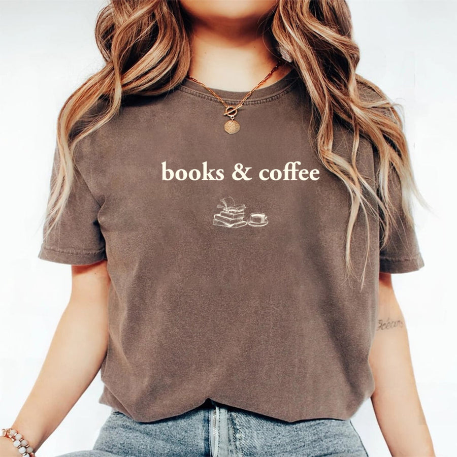 May include Books & Coffee Comfort Colors t-shirt with reading-inspired graphic, relaxed unisex fit, and garment-dyed cotton