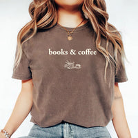 May include Books & Coffee Comfort Colors t-shirt with reading-inspired graphic, relaxed unisex fit, and garment-dyed cotton