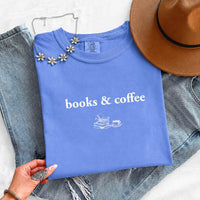 May include Books & Coffee Comfort Colors t-shirt with reading-inspired graphic, relaxed unisex fit, and garment-dyed cotton