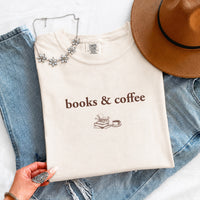 May include Books & Coffee Comfort Colors t-shirt with reading-inspired graphic, relaxed unisex fit, and garment-dyed cotton