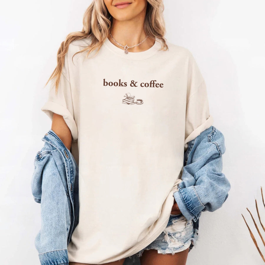 May include Books & Coffee Comfort Colors t-shirt with reading-inspired graphic, relaxed unisex fit, and garment-dyed cotton