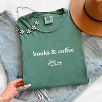 May include Books & Coffee Comfort Colors t-shirt with reading-inspired graphic, relaxed unisex fit, and garment-dyed cotton