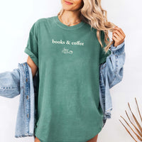 May include Books & Coffee Comfort Colors t-shirt with reading-inspired graphic, relaxed unisex fit, and garment-dyed cotton