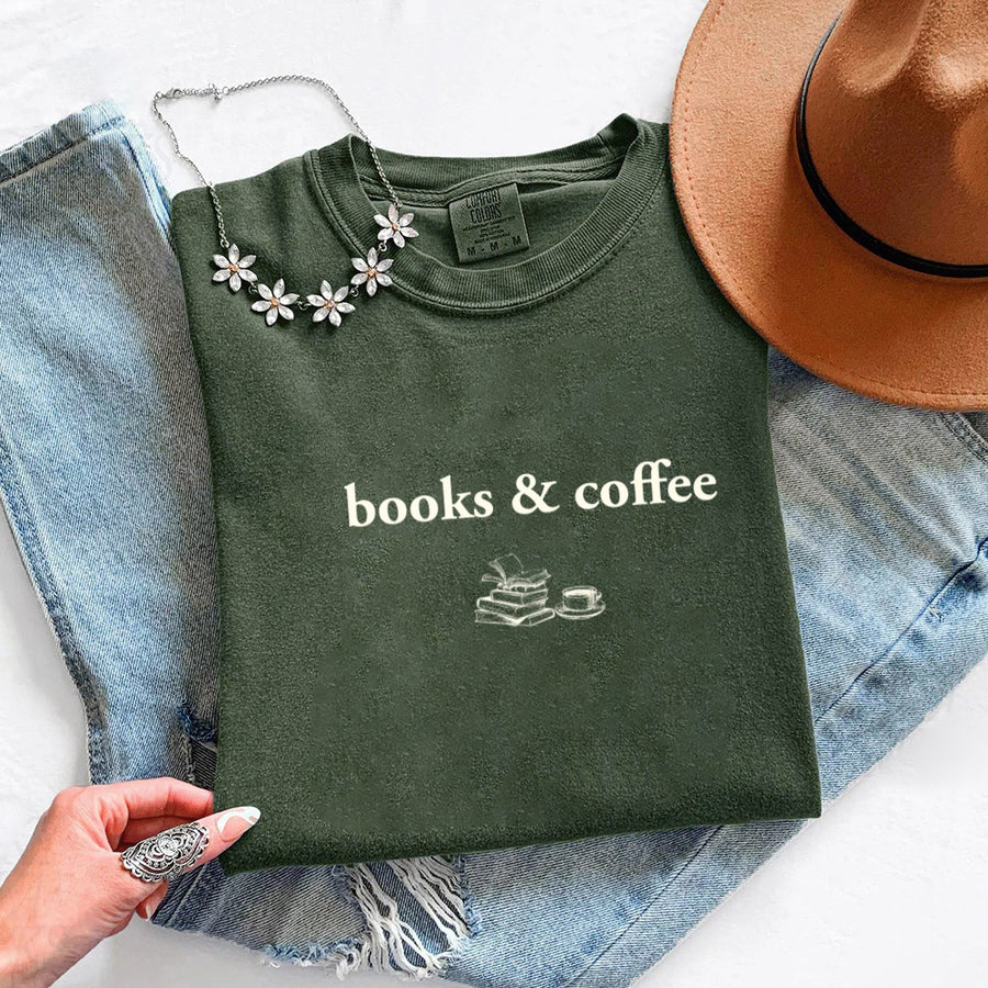May include Books & Coffee Comfort Colors t-shirt with reading-inspired graphic, relaxed unisex fit, and garment-dyed cotton