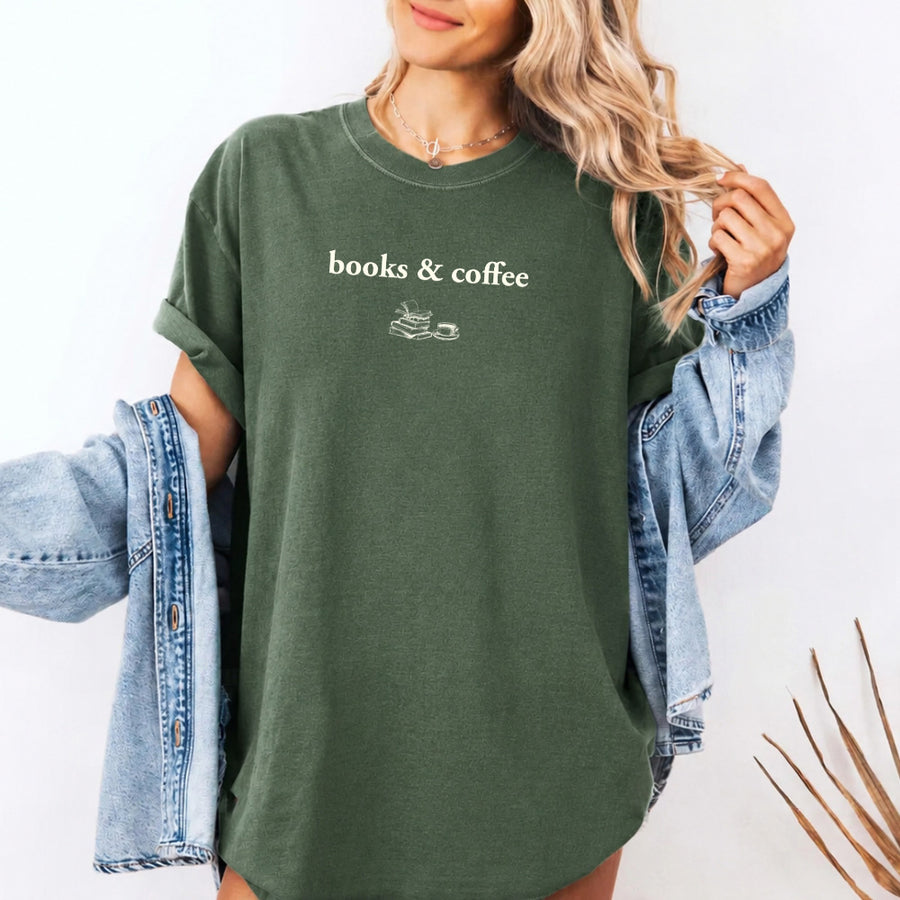 May include Books & Coffee Comfort Colors t-shirt with reading-inspired graphic, relaxed unisex fit, and garment-dyed cotton