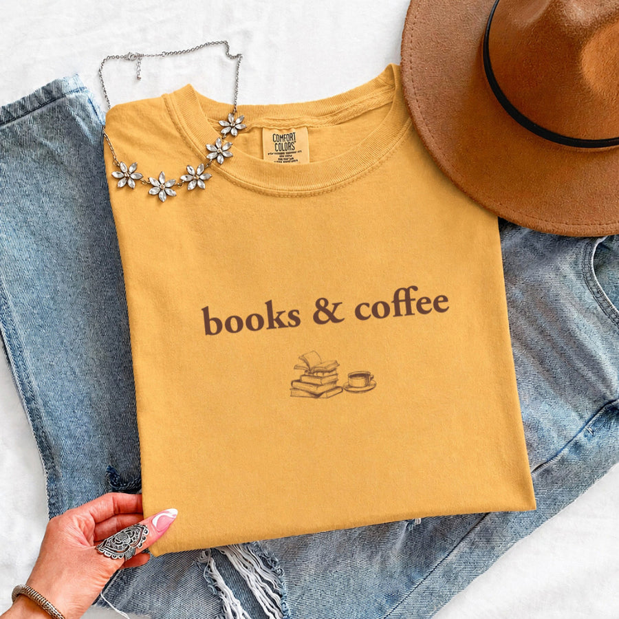 May include Books & Coffee Comfort Colors t-shirt with reading-inspired graphic, relaxed unisex fit, and garment-dyed cotton