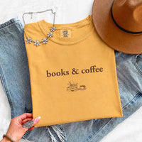 May include Books & Coffee Comfort Colors t-shirt with reading-inspired graphic, relaxed unisex fit, and garment-dyed cotton