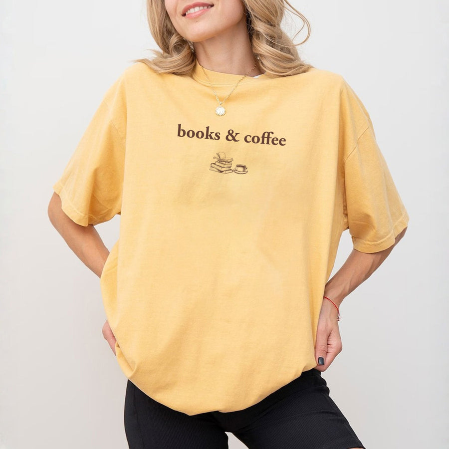 May include Books & Coffee Comfort Colors t-shirt with reading-inspired graphic, relaxed unisex fit, and garment-dyed cotton