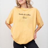 May include Books & Coffee Comfort Colors t-shirt with reading-inspired graphic, relaxed unisex fit, and garment-dyed cotton
