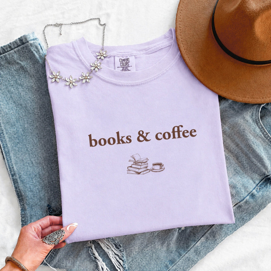 May include Books & Coffee Comfort Colors t-shirt with reading-inspired graphic, relaxed unisex fit, and garment-dyed cotton